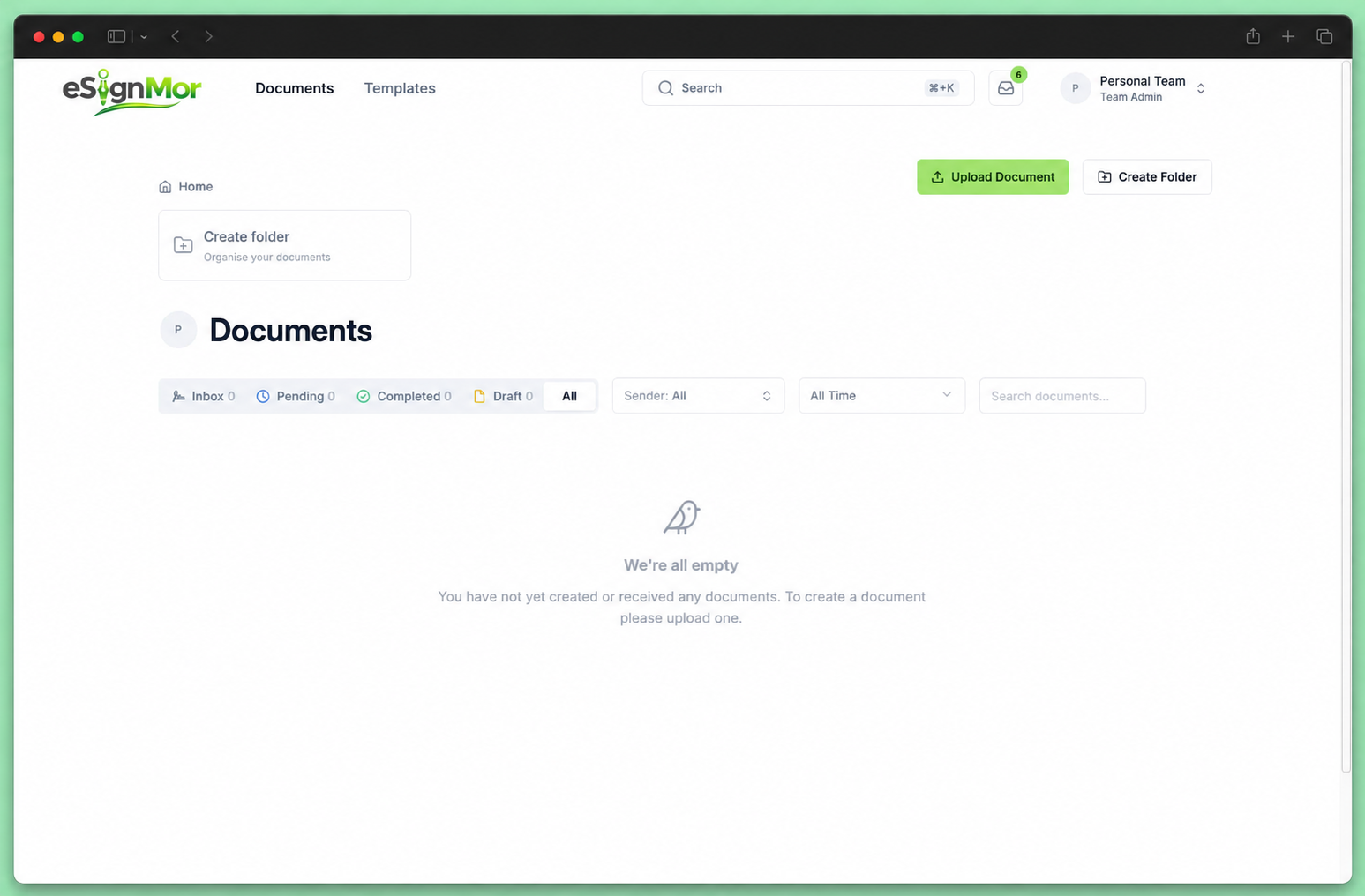 Documents dashboard with upload button